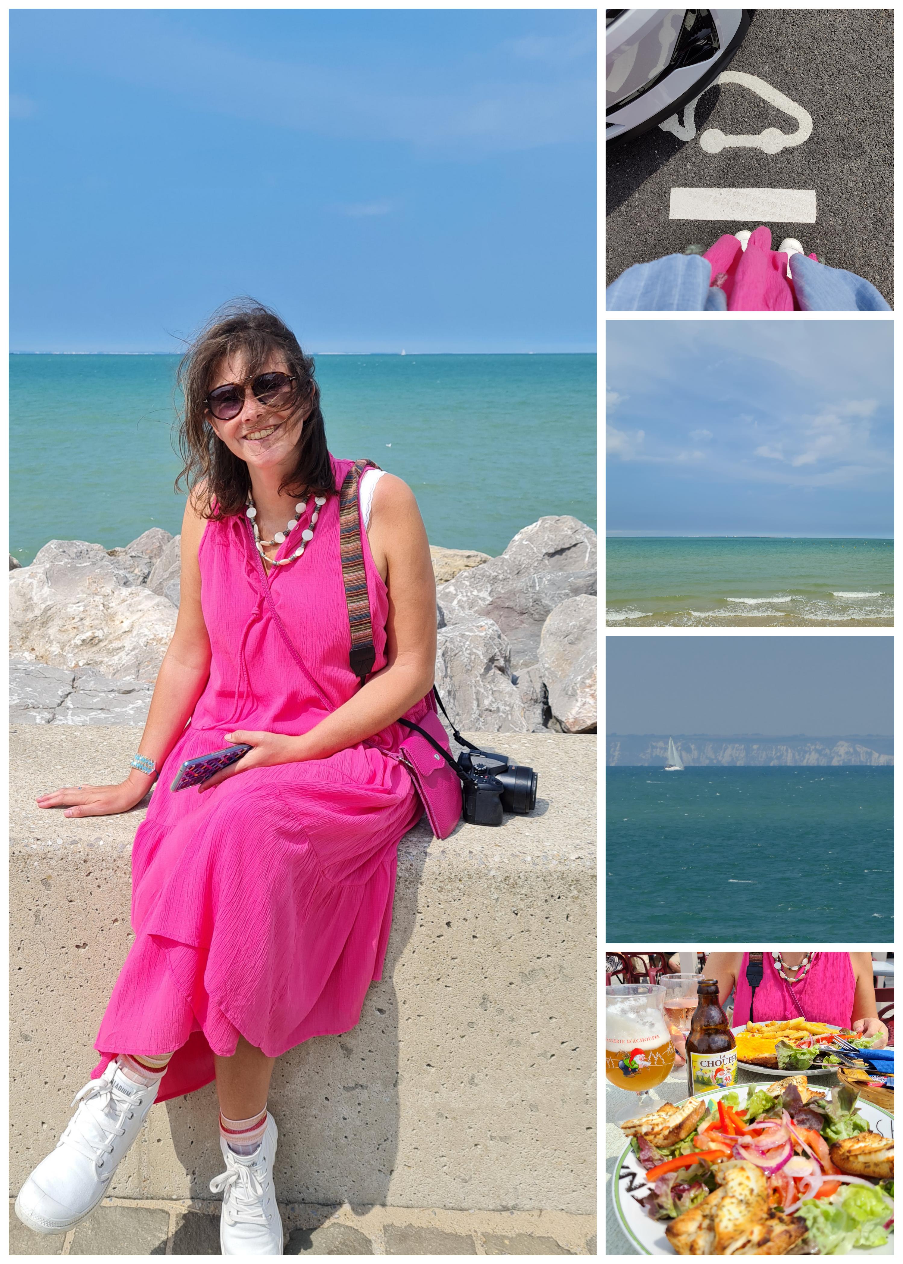 collage of seaside photos. woman in fuchsia dress. Opal coloured coast Wissant France