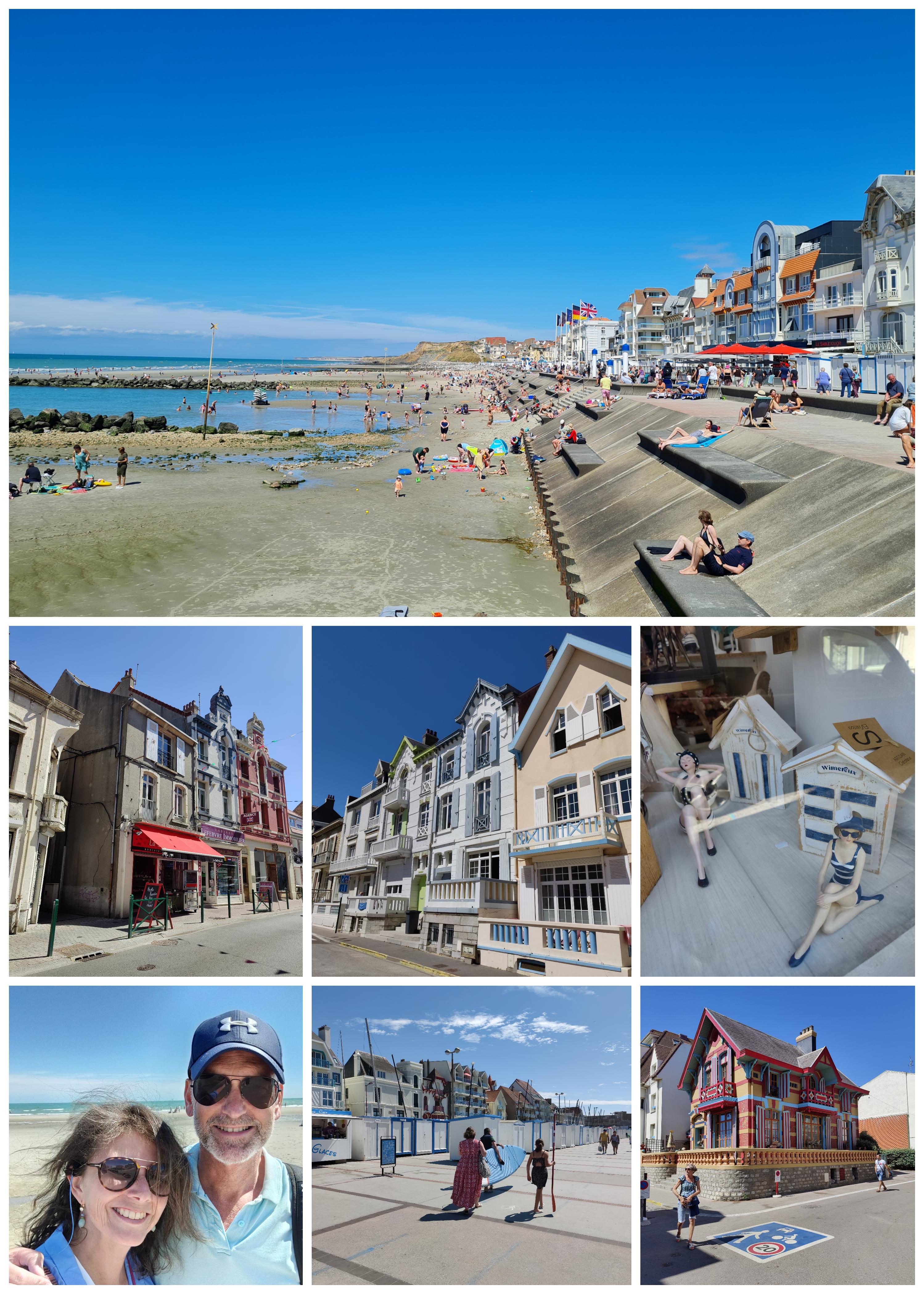 colourful collage of seaside town. beach promenade and beach with people in summertime. Belle Epoque houses and souvenir gadgets
