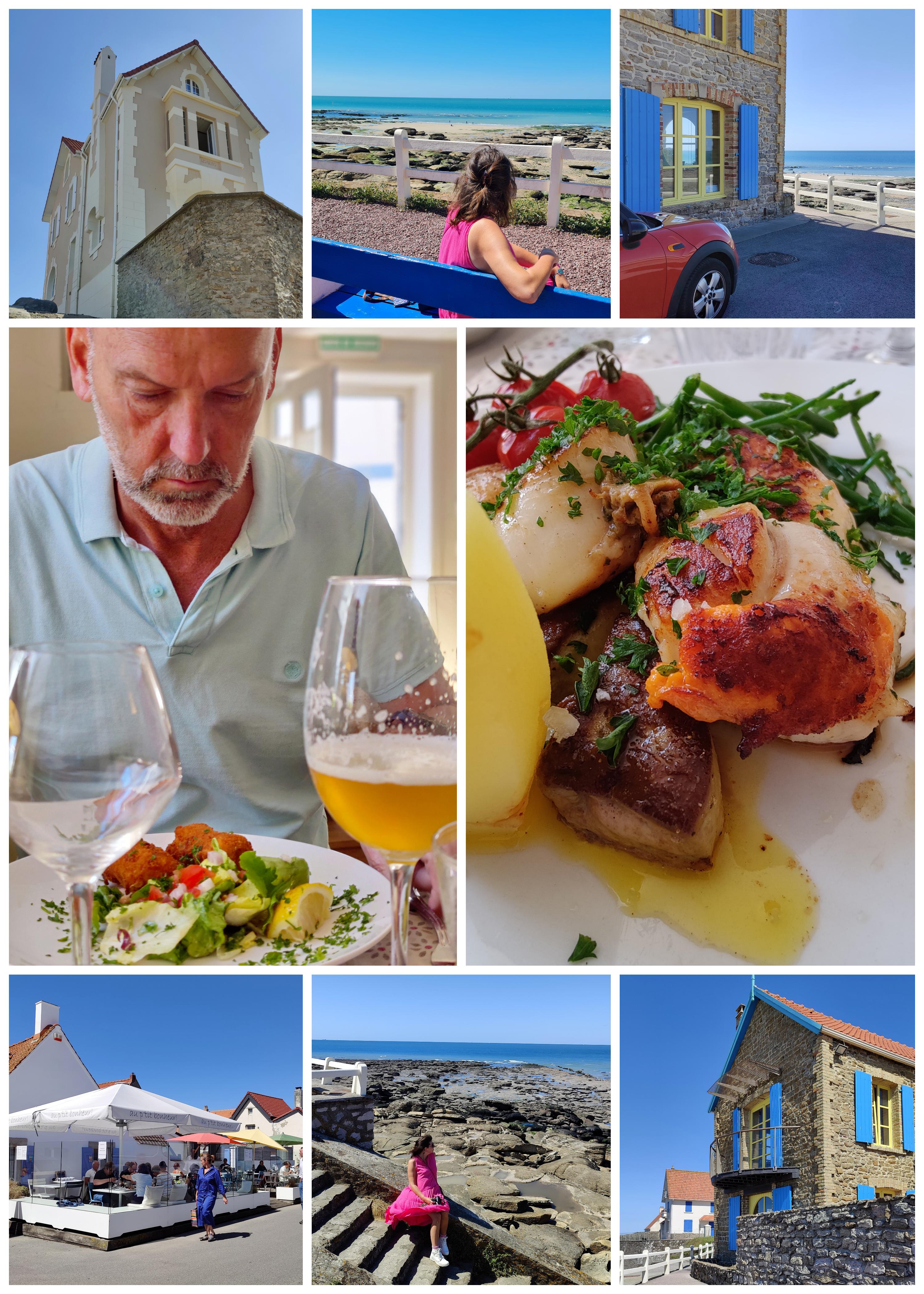 collage of photos seafood dishes and seaside town views. Typical houses, blue window shutters
