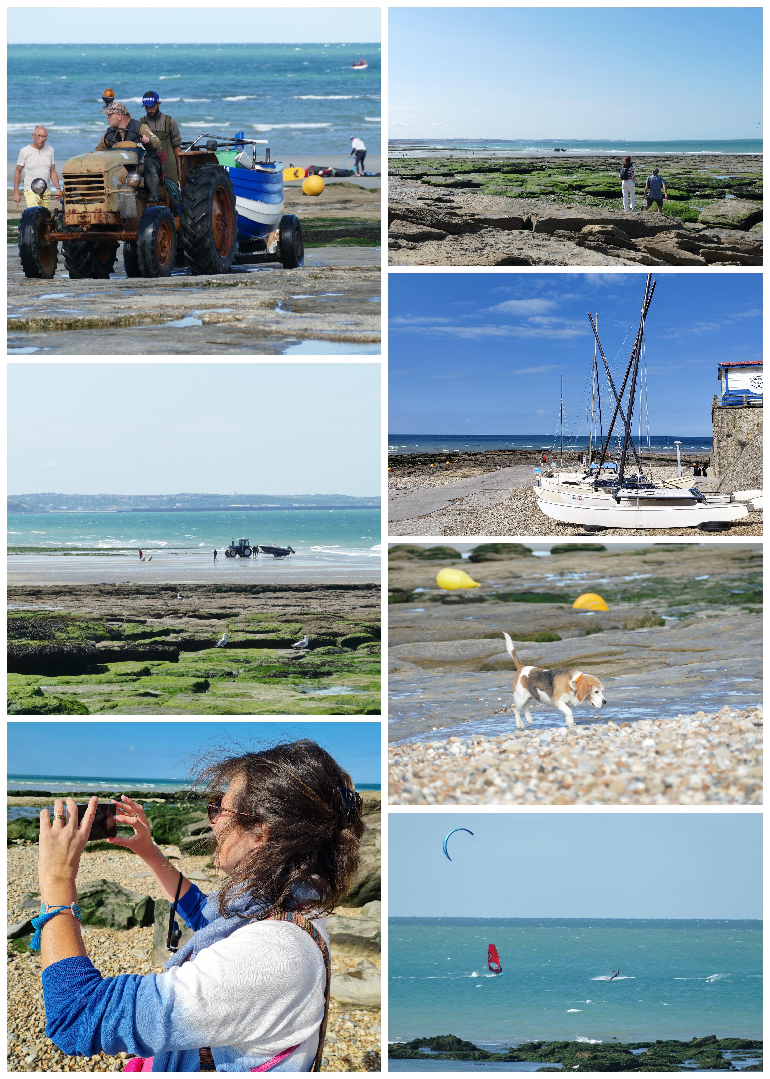 collage of photos seaside town. tractor pulling fishing boat, people on beach, surfers in the sea, woman taking pictures